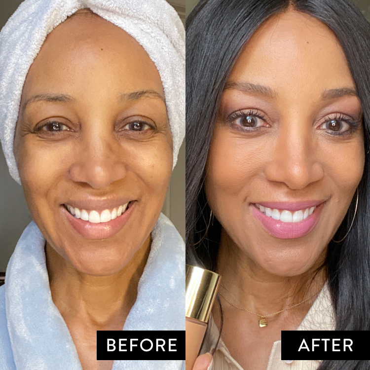 Before and after applying Laura Geller's Double Take Liquid foundation on Shaun Robinson