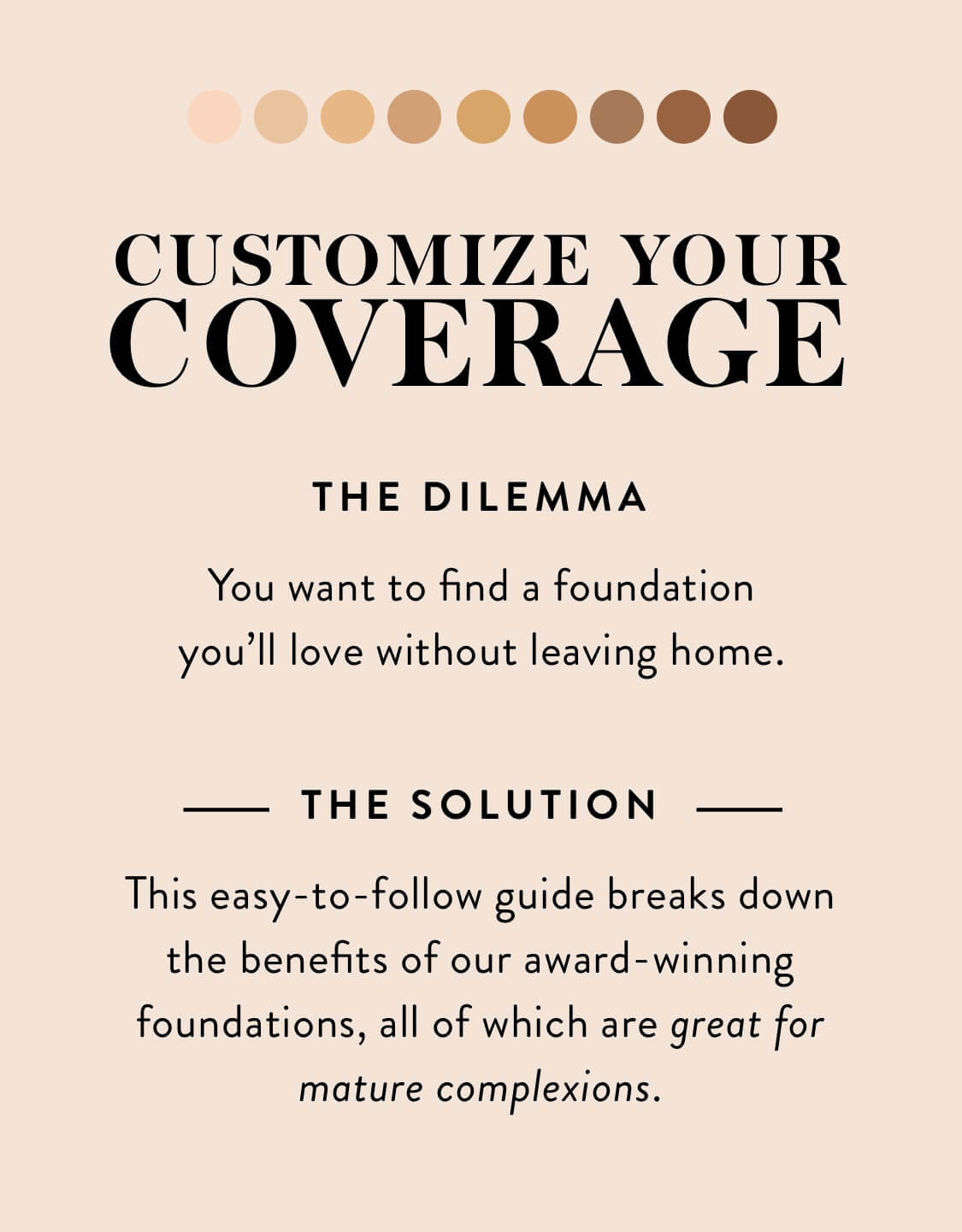 Meet your new cheat sheet. Customize your coverage. The Dilemma: You want to find a foundation you'll love without leaving home. The solution: Our easy-to-follow guide breaks down the benefits of our award-winning foundations, all of which are great for mature complexions.