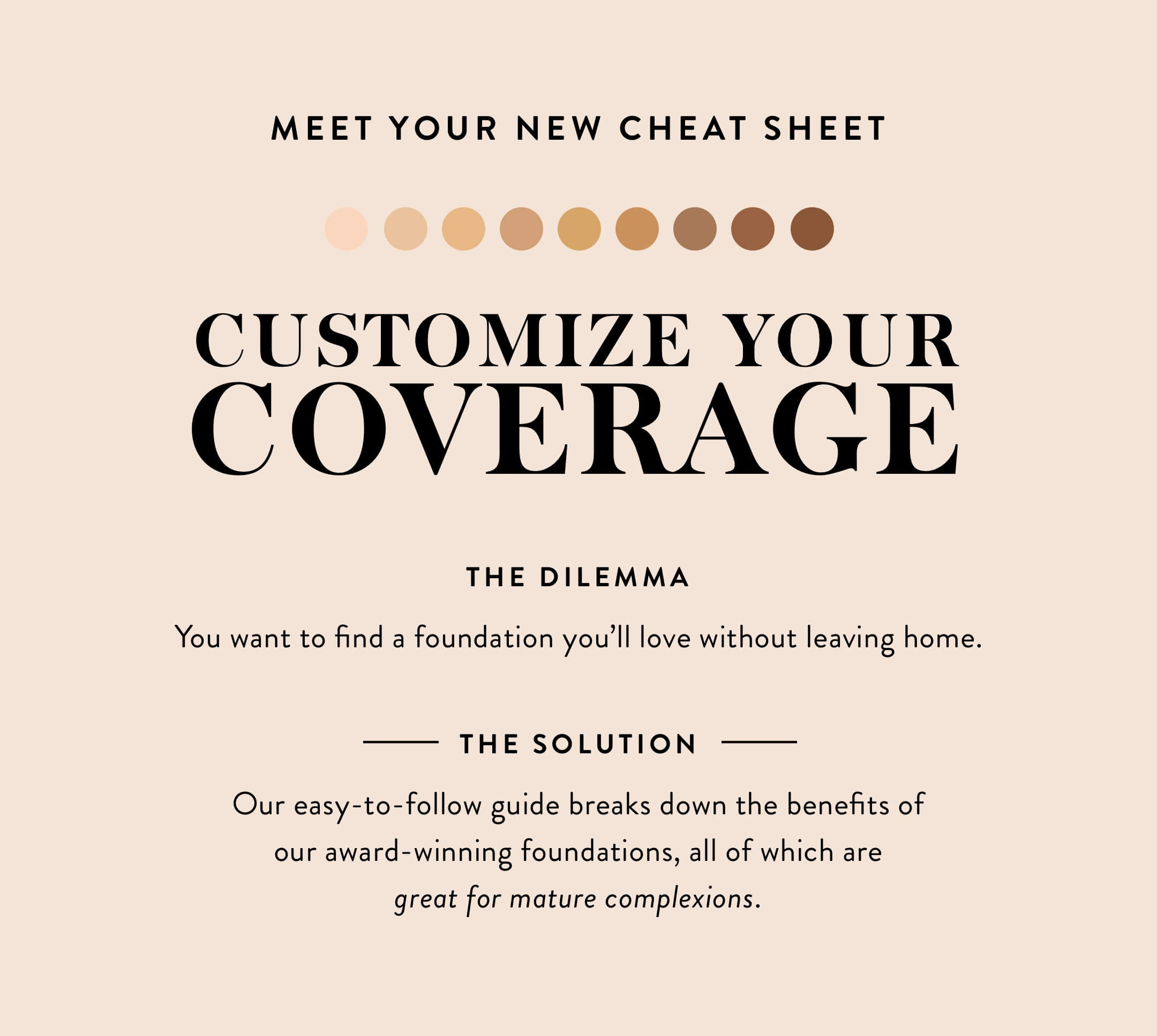 Meet your new cheat sheet. Customize your coverage. The Dilemma: You want to find a foundation you'll love without leaving home. The solution: Our easy-to-follow guide breaks down the benefits of our award-winning foundations, all of which are great for mature complexions.
