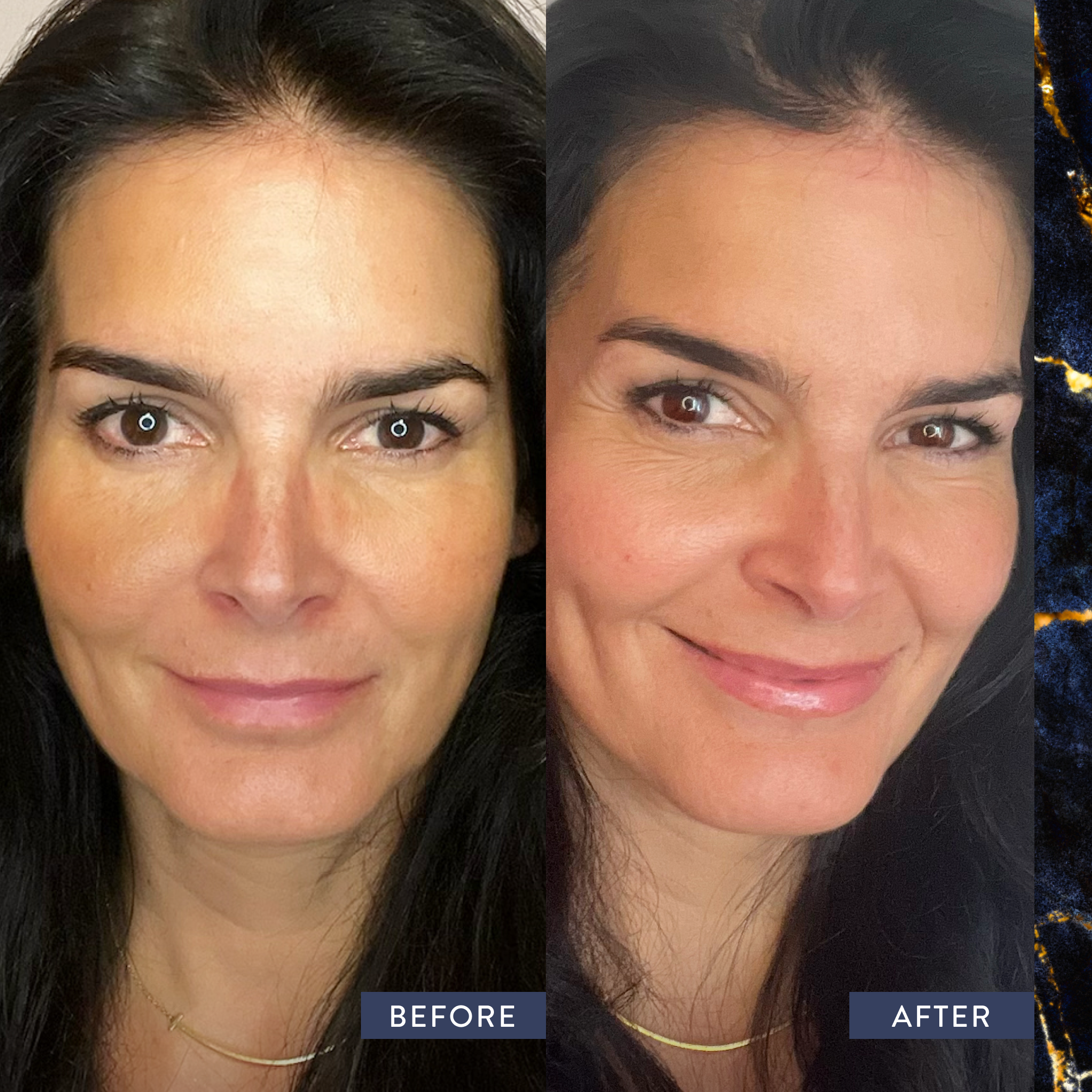 Before and after headshots of Angie Harmon applying baked and balanced makeup.
