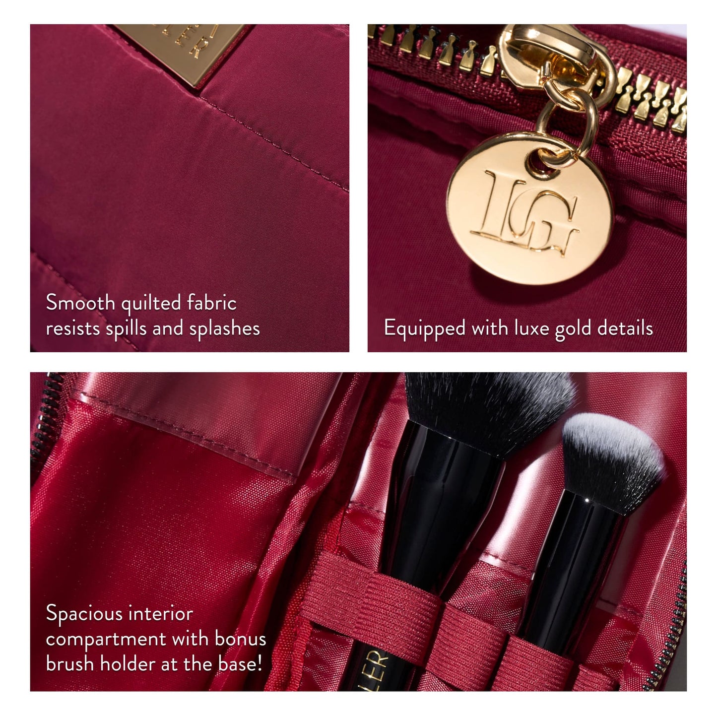 Quilted Makeup Bag with Brush Case, Burgundy product details include smooth quilted fabric, luxe gold details, spacious interior