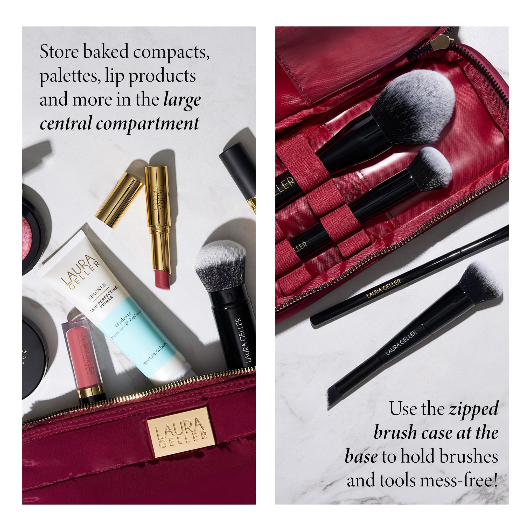 Quilted Makeup Bag with Brush Case, Burgundy product details include store products in the large compartment and use the zipped brush case at the base