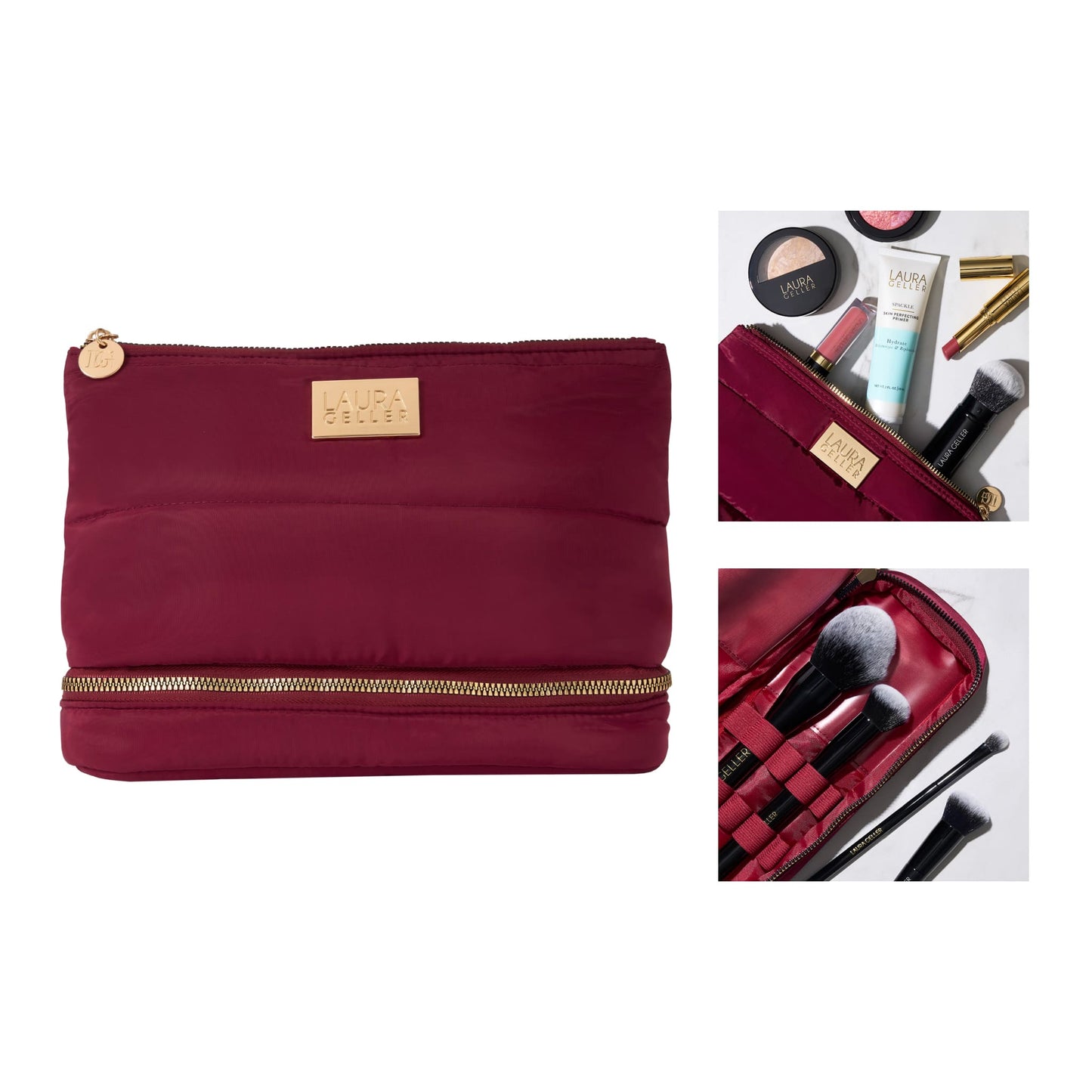 Quilted Makeup Bag with Brush Case, Burgundy soldier with 2 lifestyle images
