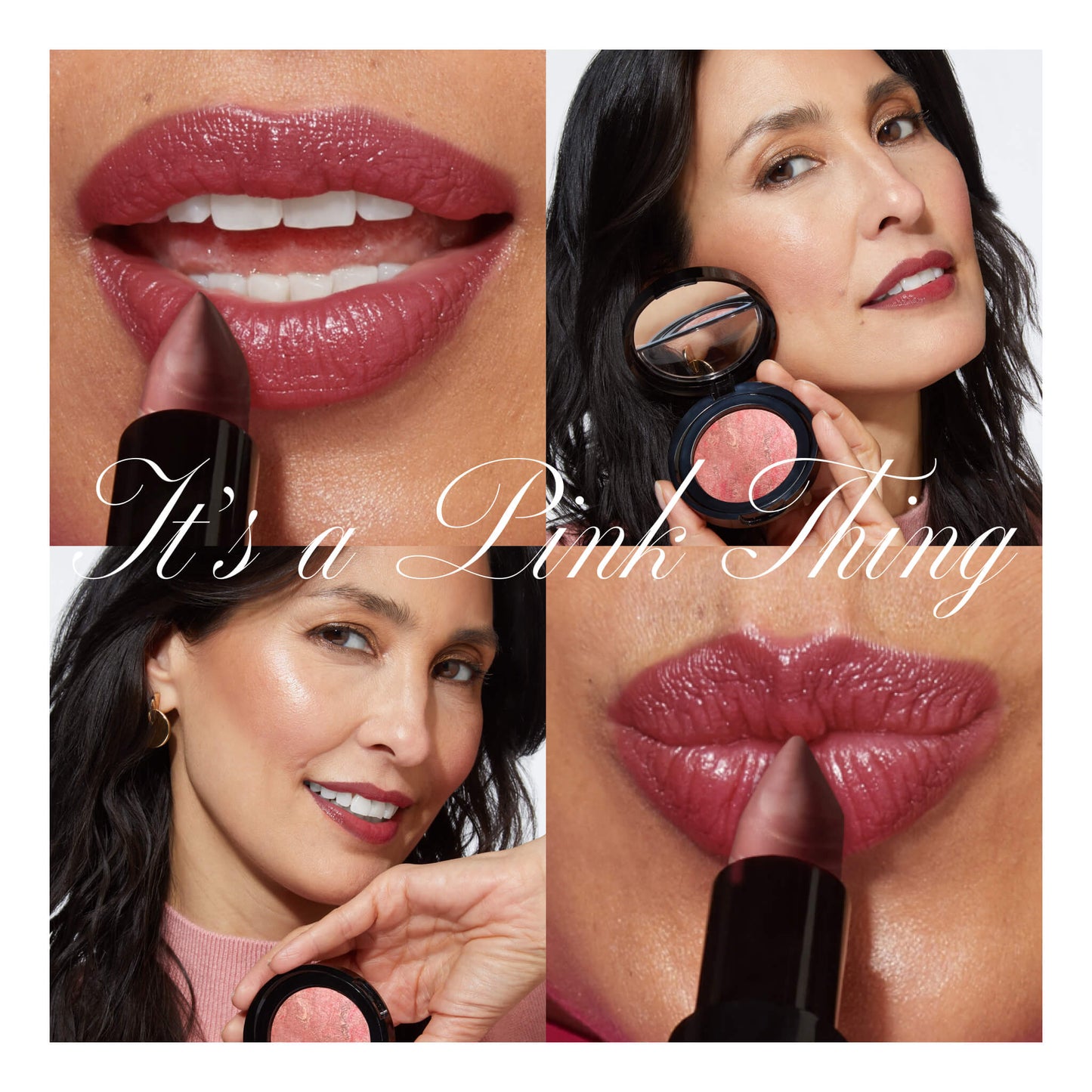 It's a Pink Thing Marbleized Makeup Collection lifestyle image of model and lip grid