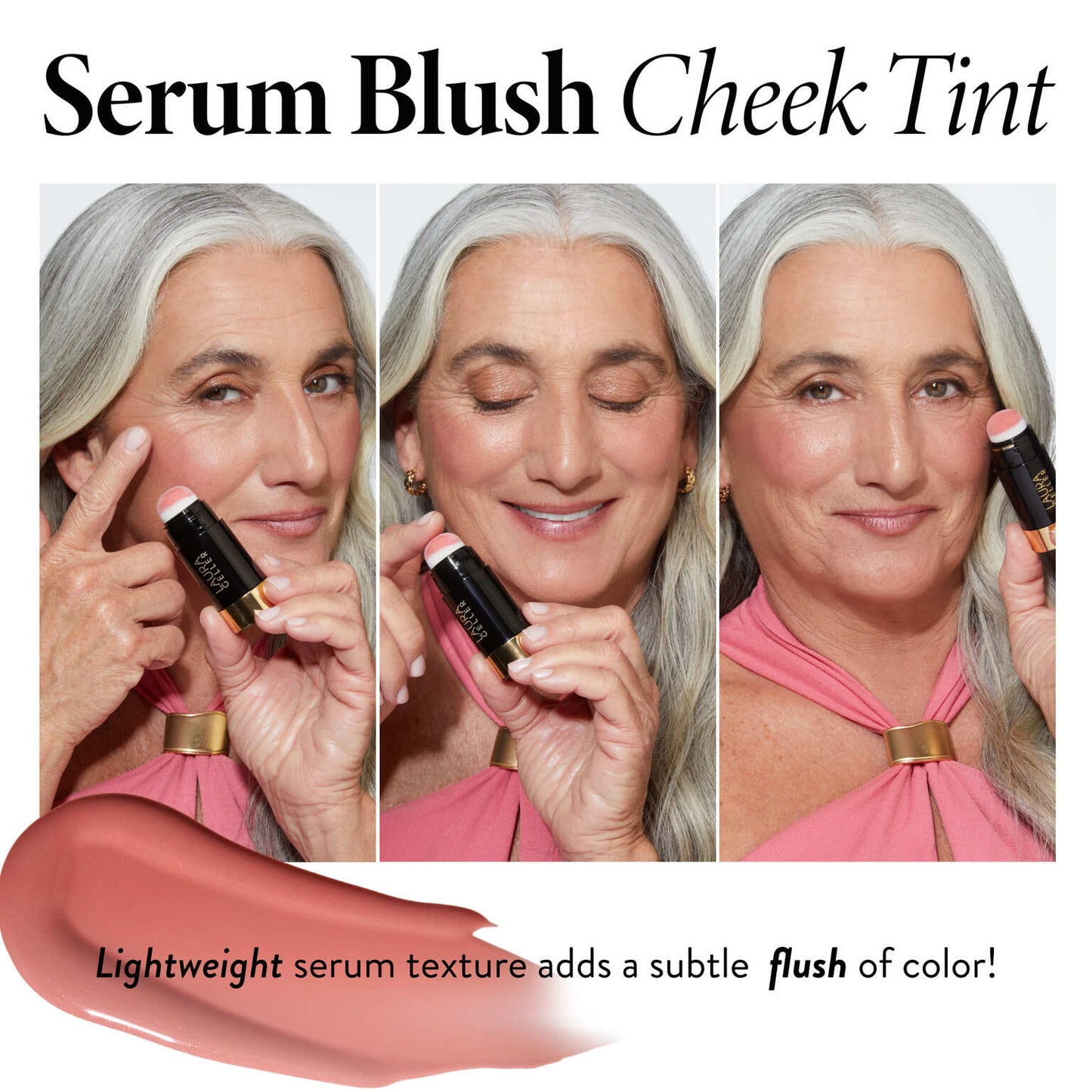Serum Blush Cheek Tint Product benefits with model