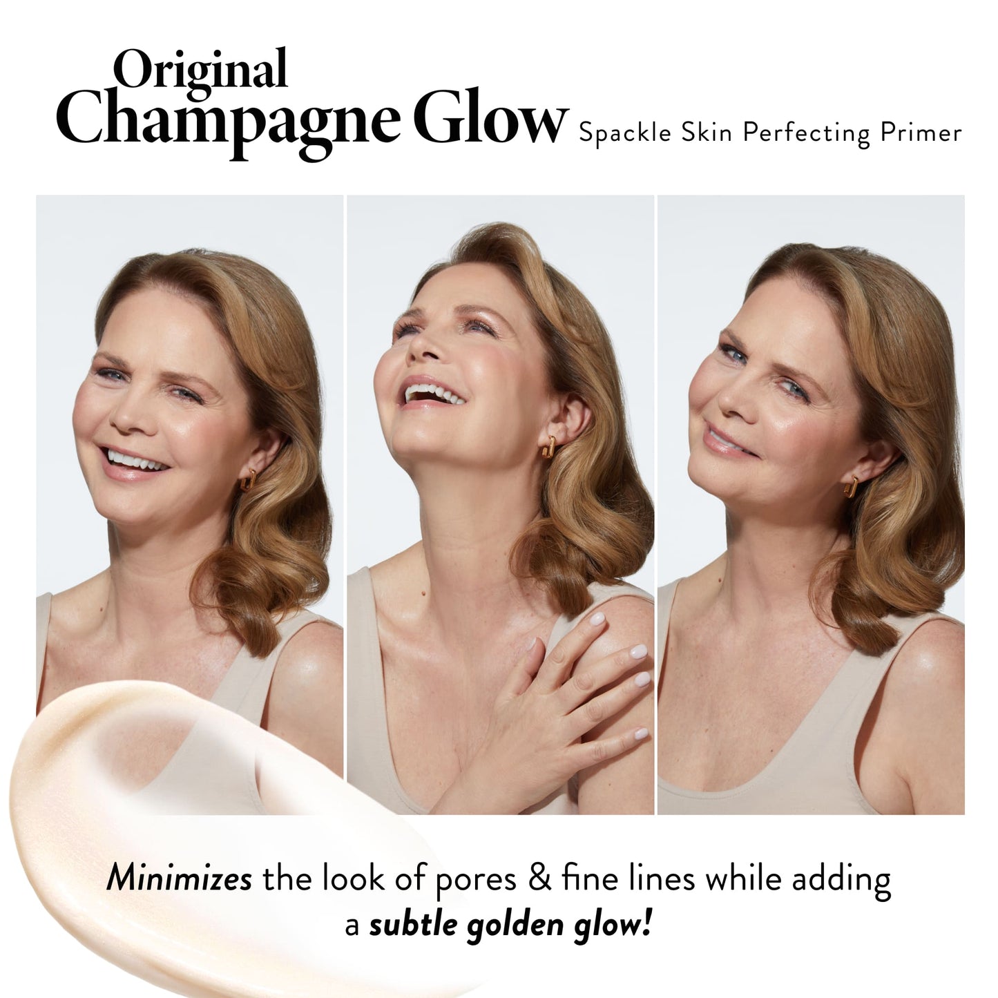 Spackle Skin Perfecting Primer: Original Champagne Glow product benefits on model