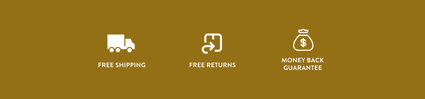 Three icons with text on a brown background: Free Shipping, Free Returns, Money Back Guarantee.