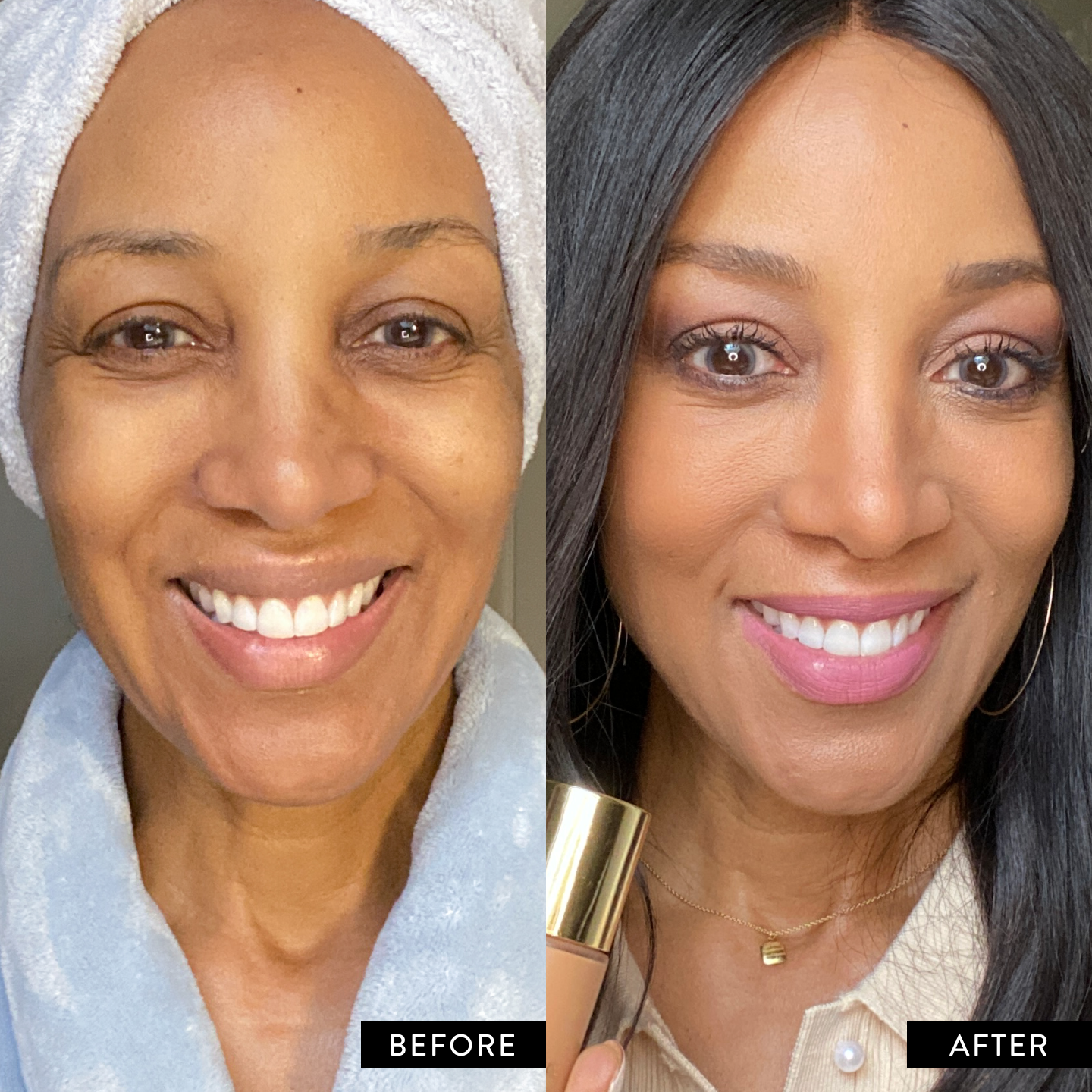 Before and after applying Laura Geller's Double Take Liquid foundation on Shaun Robinson
