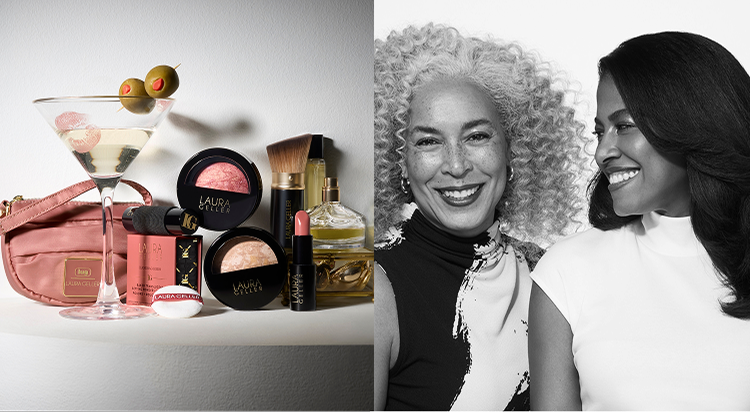 Women Smiling while wearing Laura Geller Makeup alongside an image of Laura Geller products with a martini