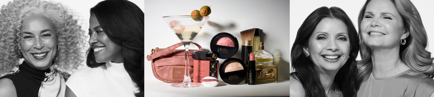 Women Smiling while wearing Laura Geller Makeup alongside an image of Laura Geller products with a martini