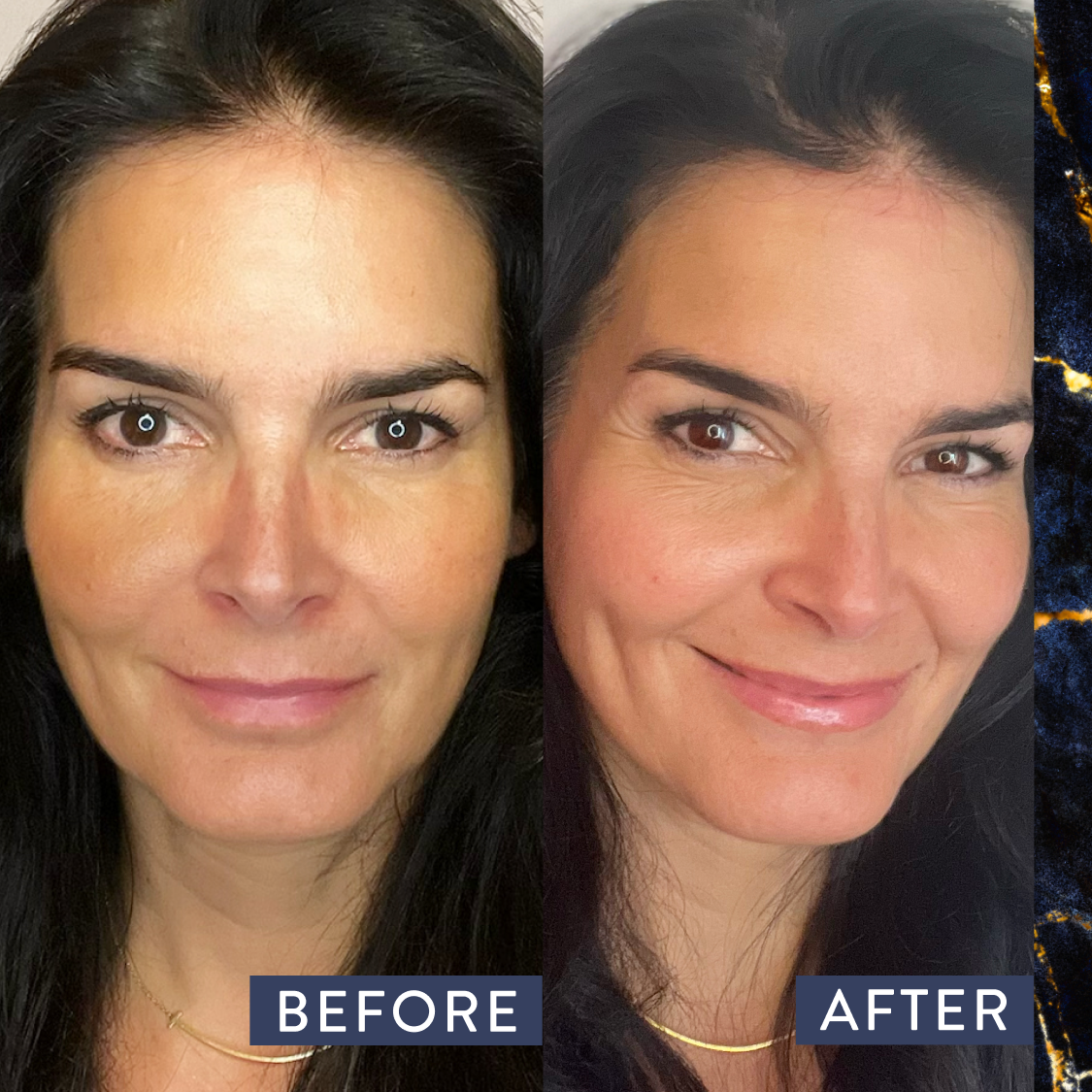 Before and after headshots of Angie Harmon applying baked and balanced makeup.