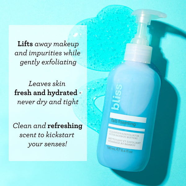 Bliss x LG Fab Foaming Exfoliating Cleanser key benefits include lifting away makeup and impurities while gently exfoliating. This cleanser leaves skin fresh and hydrated, never dry and tight.