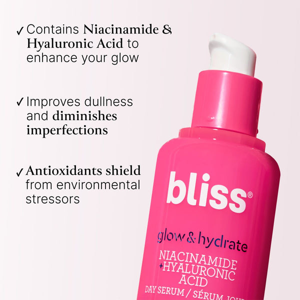Bliss x LG Glow & Hydrate Nourishing Day Serum key benefits include improving dullness and diminishing imperfections