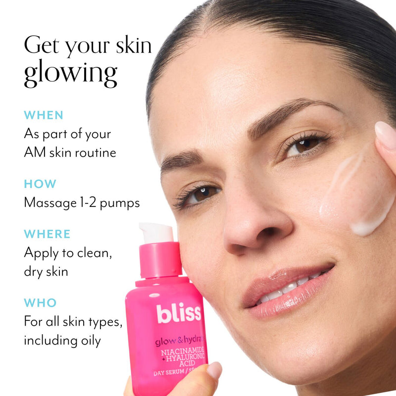 Bliss x LG Glow & Hydrate Nourishing Day Serum should be used as part of your AM skincare routine by massaging 1-2 pumps onto clean, dry skin. Bliss x LG Glow & Hydrate Nourishing Day Serum can be used for all skin types, including oily