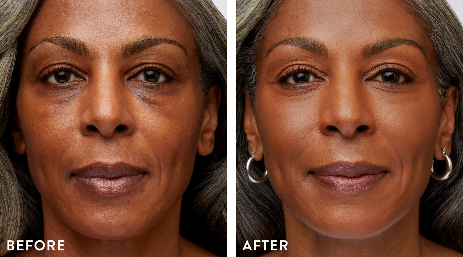 Model before and after image wearing Baked Balance-n-Brighten Foundation