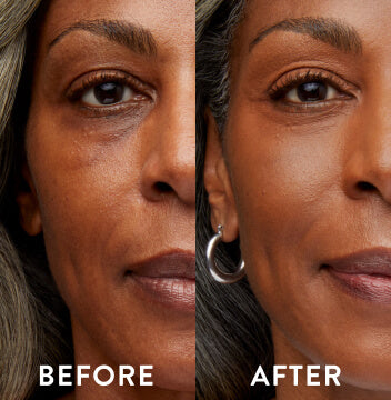 Model before and after image wearing Baked Balance-n-Brighten Foundation