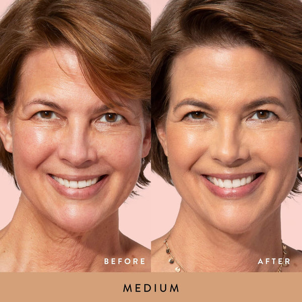 Baked Balance-n-Glow Color Correcting Foundation model before and after image in Medium