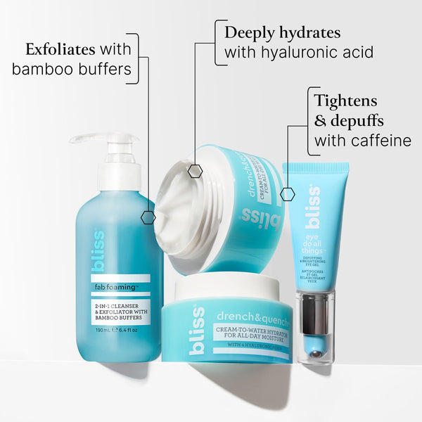 Bliss x LG The Essentials Kit helps to exfoliate with bamboo buffers, deeply hydrates with hyaluronic acid, and tightens & depuffs with caffeine 