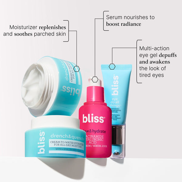 Bliss x LG The Hydration Kit contains a moisturizer that replenishes and soothes parched skin, a serum that nourishes to boost radiance, and a multi-action eye gel that depuffs and awakens the look of tired eyes