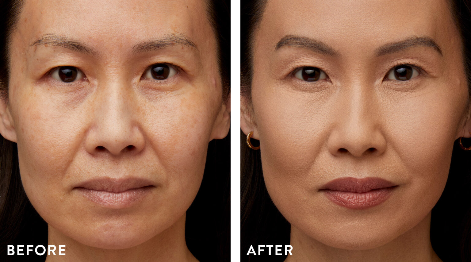 Model before and after wearing Double Take Baked Full Coverage Foundation