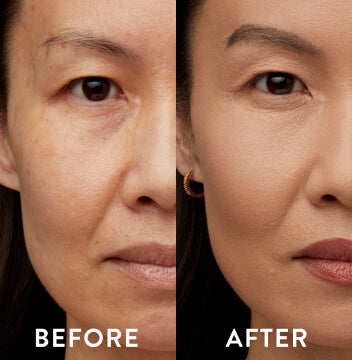 Model before and after wearing Double Take Baked Full Coverage Foundation