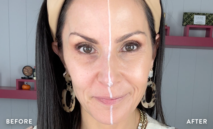 Before and after comparison of a woman's face with Laura Geller Foundation application.