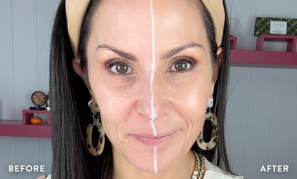 Before and after comparison of a woman's face with Laura Geller Foundation application.