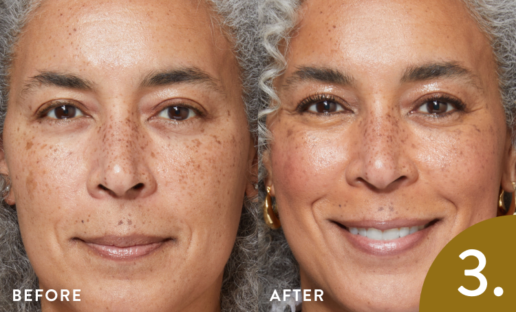 Before and after comparison of a woman's face with visible skin improvement from Laura Geller's Better Than Block.