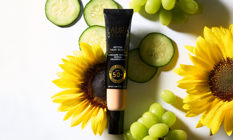 Laura Geller's Better Than Block with sunflower and cucumber on a white background