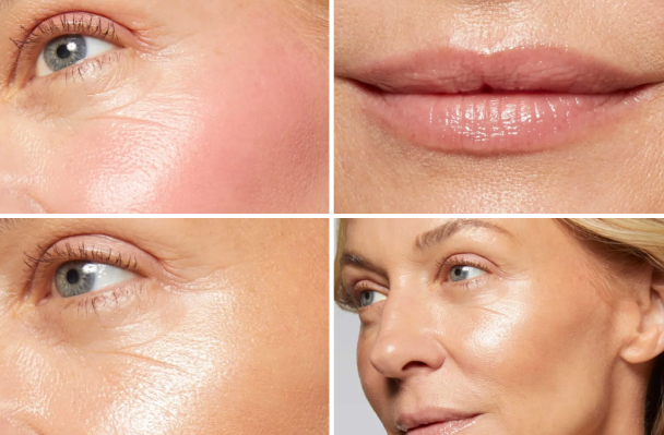 Close-up of a woman's face with different facial features showing the many uses for Laura Geller's The Wonder Balm.