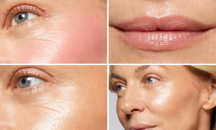 Close-up of a woman's face with different facial features showing the many uses for Laura Geller's The Wonder Balm.