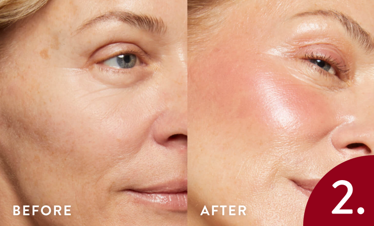 Before and after comparison of a woman's face with and without Laura Geller Wonder Balm