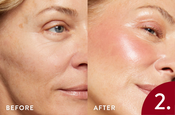 Before and after comparison of a woman's face with and without Laura Geller Wonder Balm
