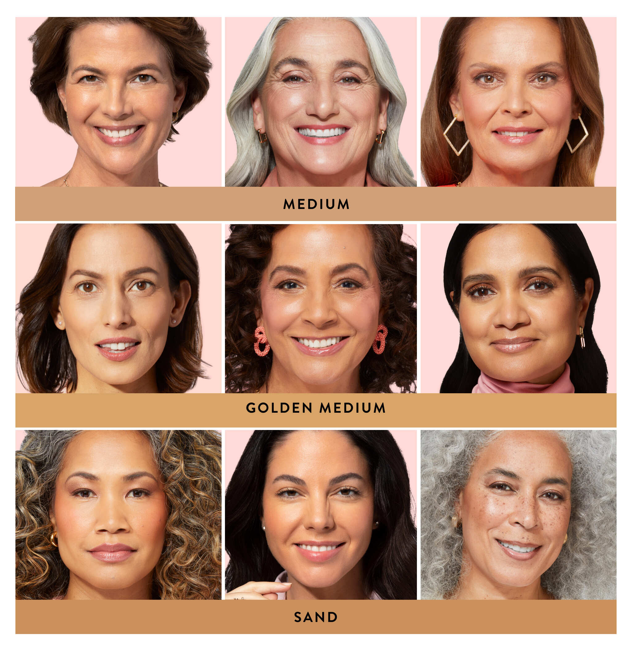 Baked Balance-n-Glow Color Illuminating Foundation model group in shades Medium, Golden Medium, Sand