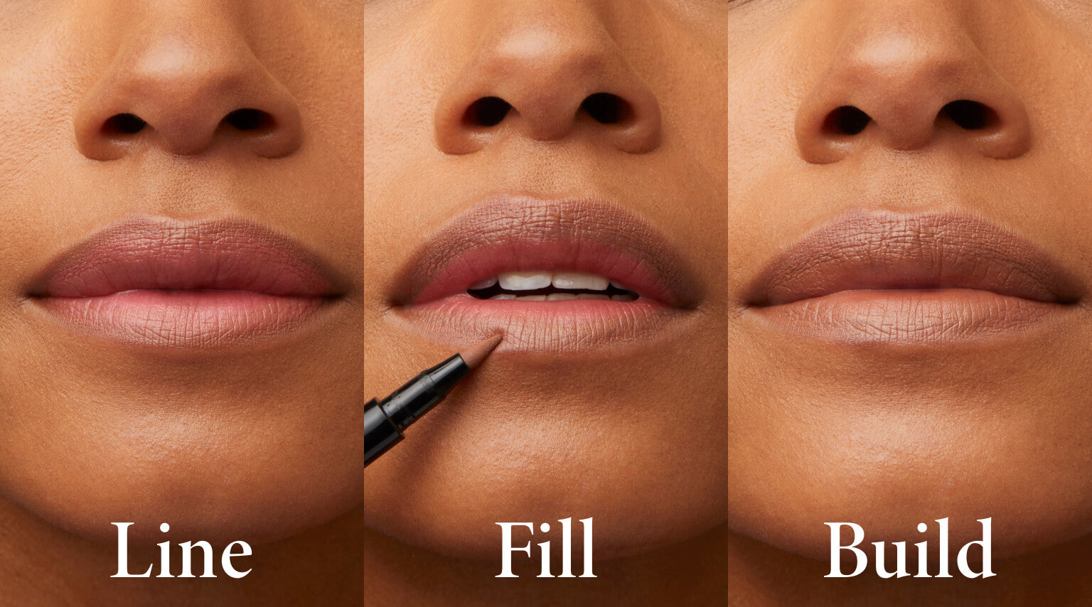 Lasting Love Longwear Lip Color step by step images: lip, fill, build 