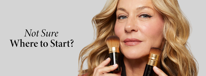 Woman wearing Laura Geller makeup with text 'Not Sure Where to Start?' on a gray background