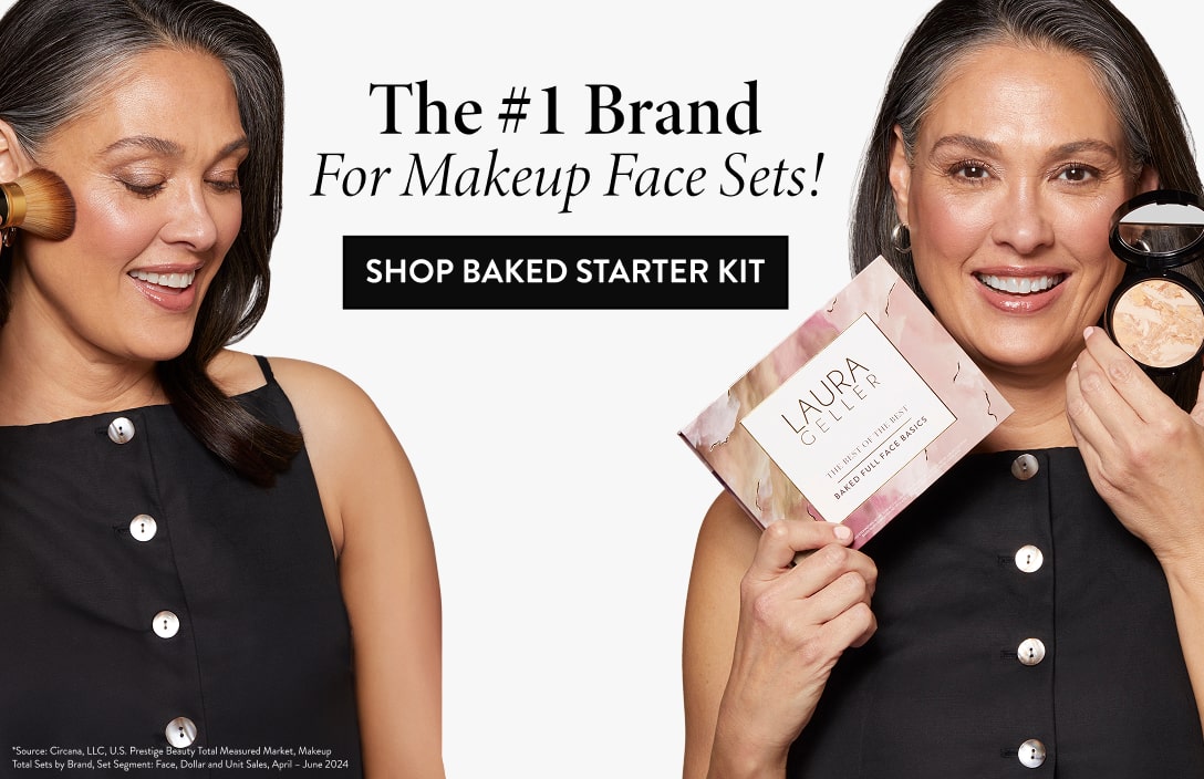 Woman holding a Laura Geller makeup set with text promoting the brand.