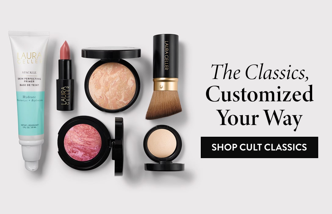 Collection of makeup products including a tube, lipstick, compact, blush, and brush on a light gray background with text promoting Cult Classics.