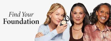 Three women with different skin tones holding a makeup product, with text 'Find Your Foundation' on a white background.