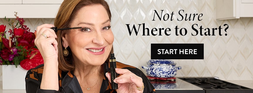 Laura Geller applying makeup with text 'Not Sure Where to Start?' and 'Start Here' button.