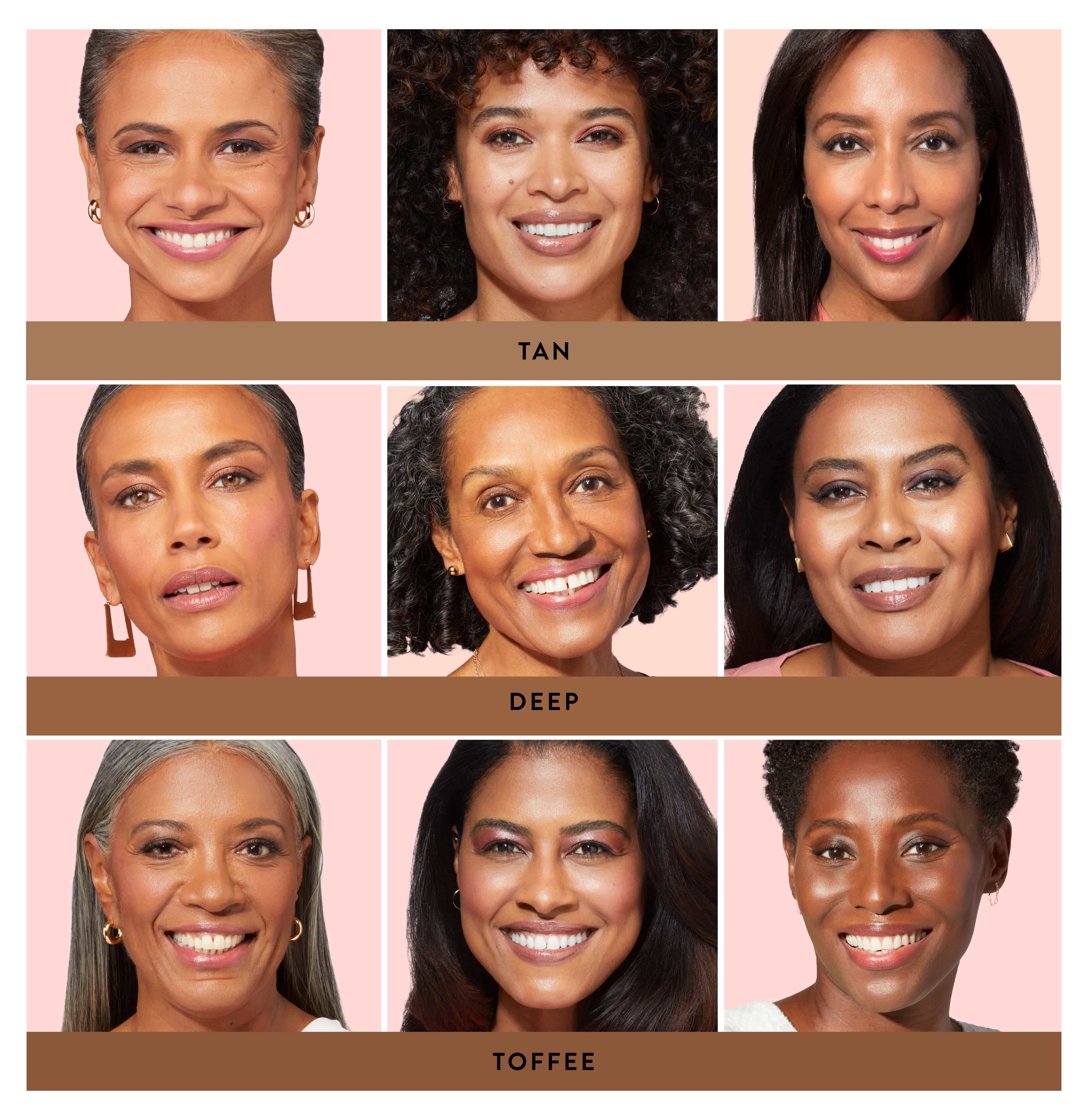 Baked Balance-n-Glow Color Illuminating Foundation model grid in shades Tan, Deep, Toffee