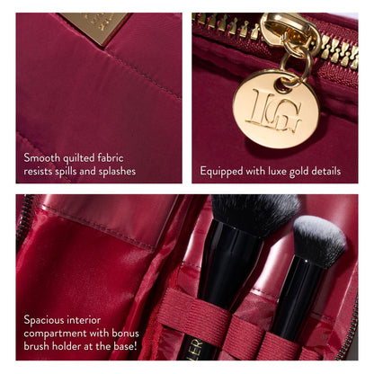 Quilted Makeup Bag with Brush Case, Burgundy product details include smooth quilted fabric, luxe gold details, spacious interior 