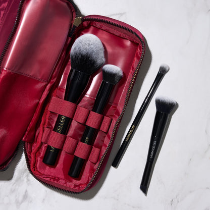 Quilted Makeup Bag with Brush Case, Burgundy lifestyle image showing brushes in the brush compartment
