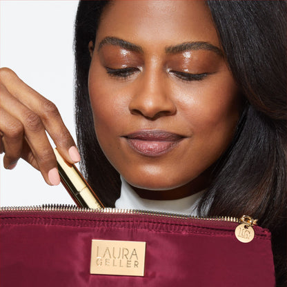 Quilted Makeup Bag with Brush Case, Burgundy lifestyle image with model