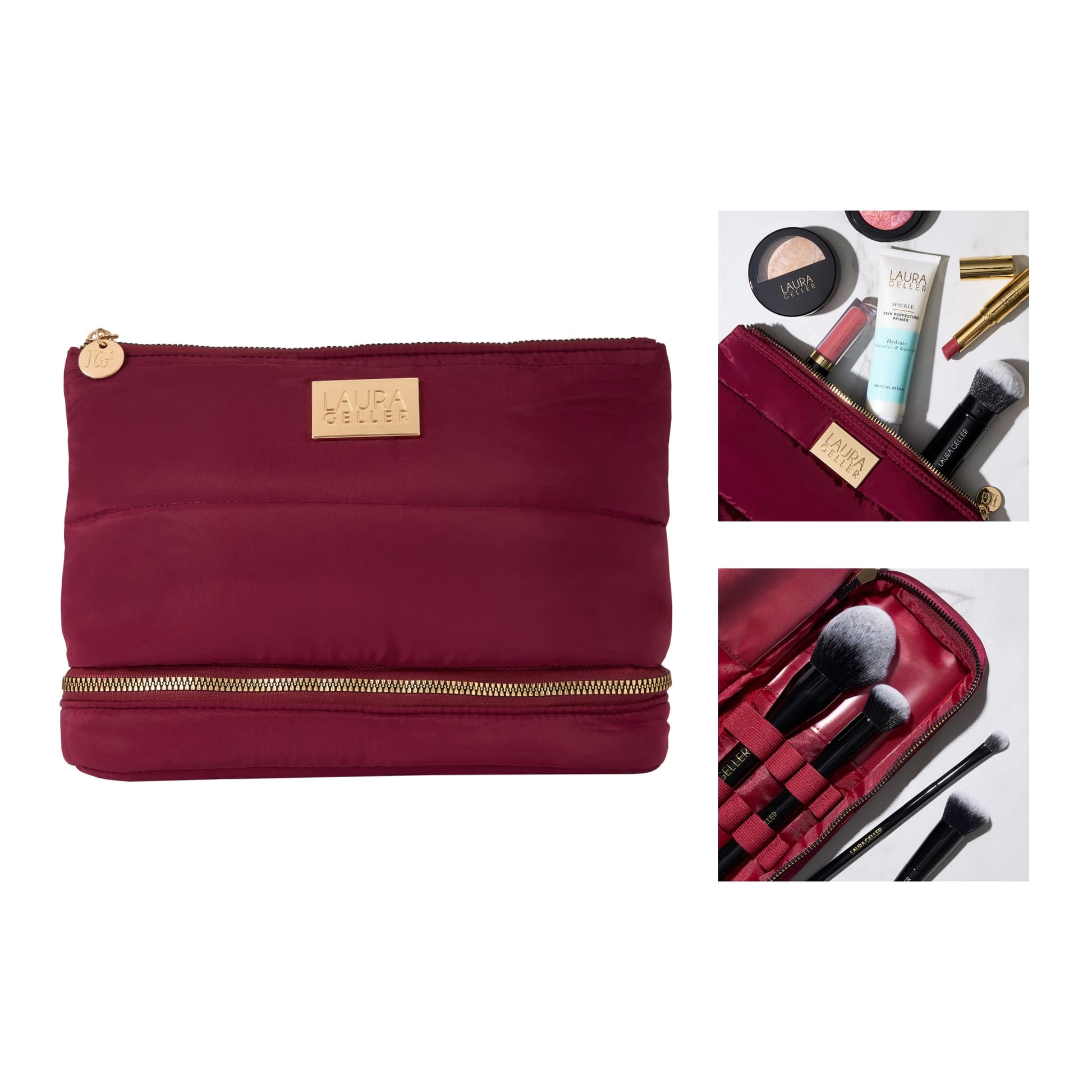 Quilted Makeup Bag with Brush Case, Burgundy soldier with 2 lifestyle images 