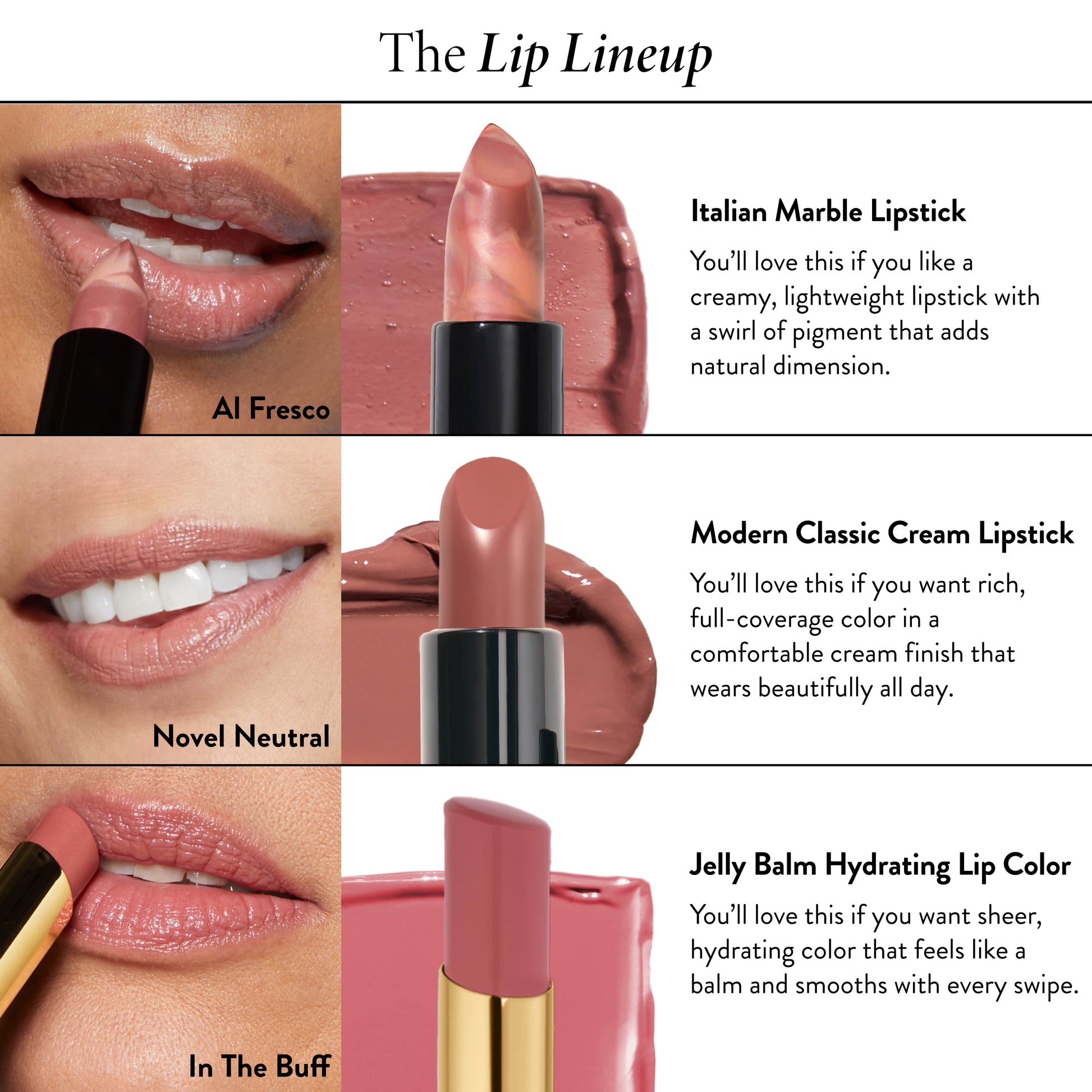 Color Luster Lip Gloss comparison chart of Italian Marble Lipstick, Modern Classic Lipstick and Jelly Balm