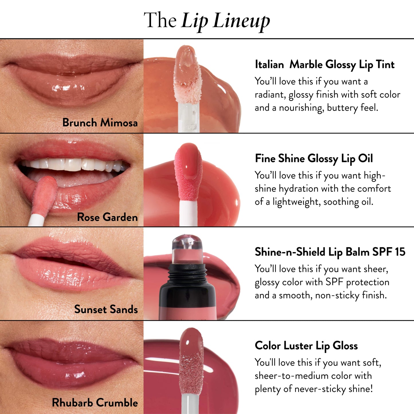 Color Luster Lip Gloss comparison chart of Italian Marble Glossy Lip Tint, Fine Shine Glossy Lip Oil, Shine-n-Shield Lip Balm, and Color Luster Lip Gloss