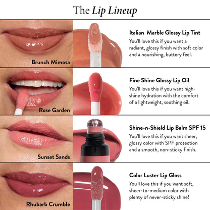 Color Luster Lip Gloss comparison chart of Italian Marble Glossy Lip Tint, Fine Shine Glossy Lip Oil, Shine-n-Shield Lip Balm, and Color Luster Lip Gloss