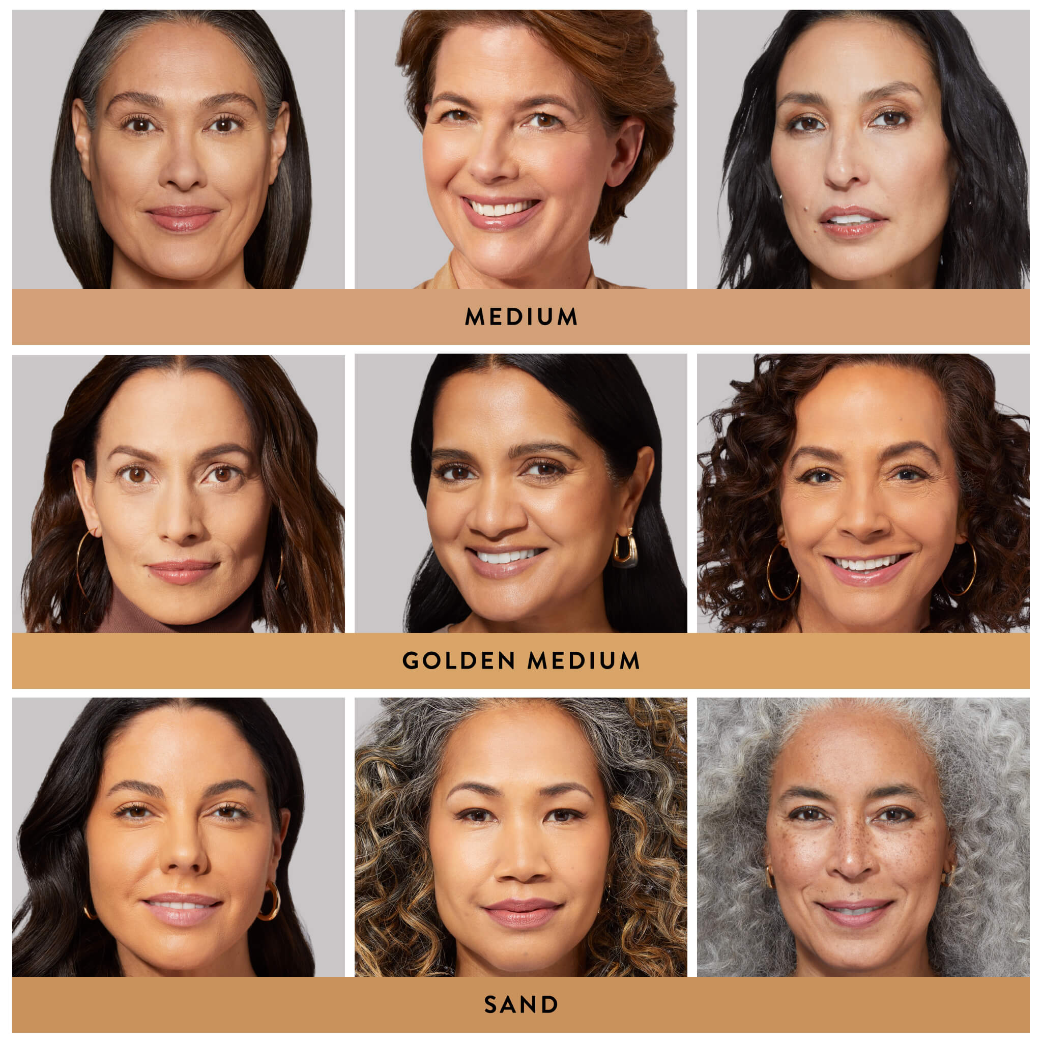 Double Take Baked Foundation 9 model grid in medium, golden medium and sand