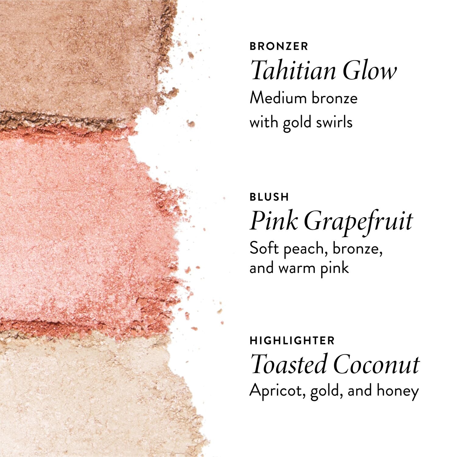Geller's Greatest Lift-n-Glow Baked Face Trio shade textures and descriptions